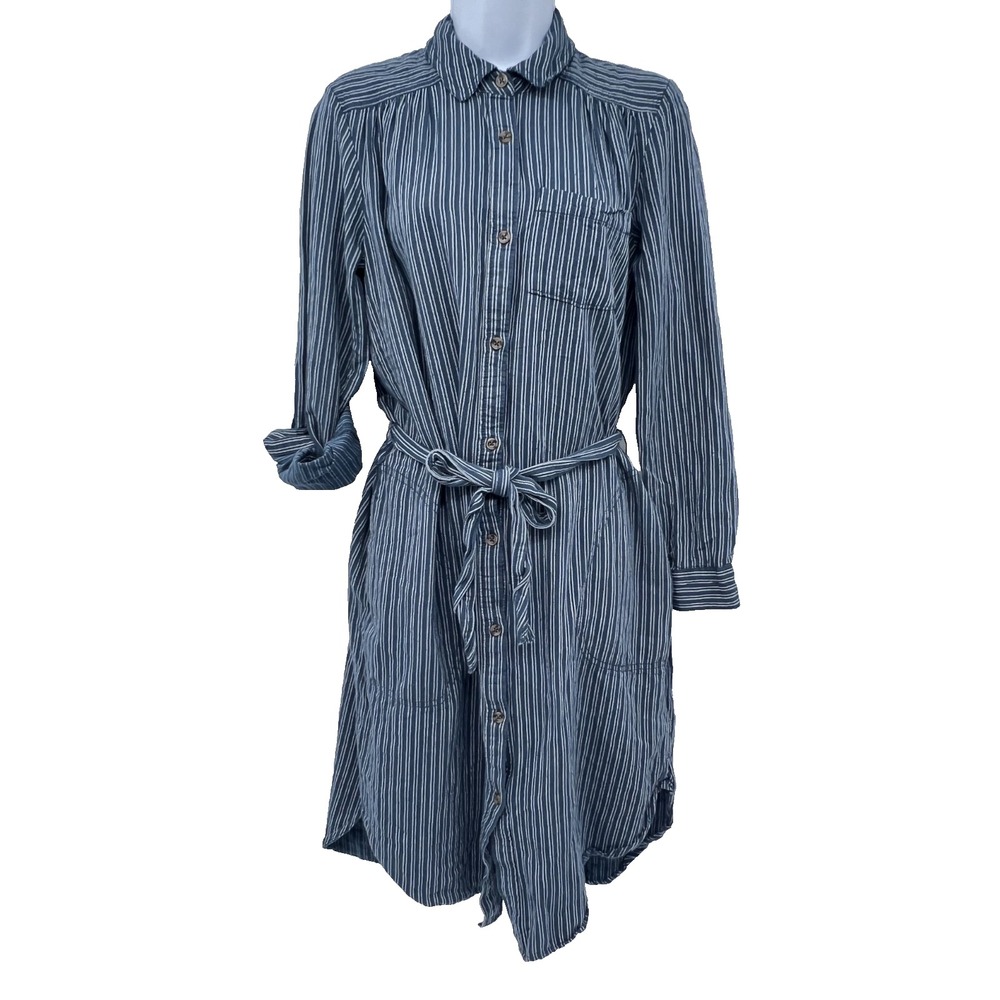 ANTHROPOLOGIE Women's 8 Blue Striped Button-Front Midi Shirt Dress Linen Blend